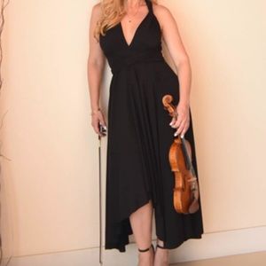 Backless, full skirt asymmetrical maxi black dress